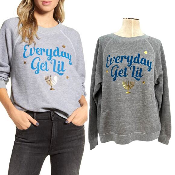 Wildfox Sommers Everyday Get Lit Cotton Sweatshirt Hanukkah Gray Size Medium - Picture 1 of 10